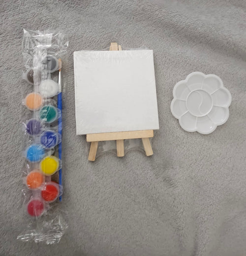 Acrylic Paint Kit with 4 x 4 Inch Mini Canvases, Stretched Easel, Acrylic Paint, Palette and Brush, Art Set for Artist Kids Birthday Party Supplies Favors