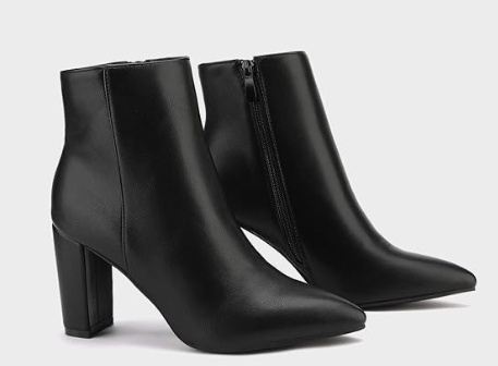Women's Black Pointed Toe Ankle Boots Chunky Heel Short Booties for Ladies