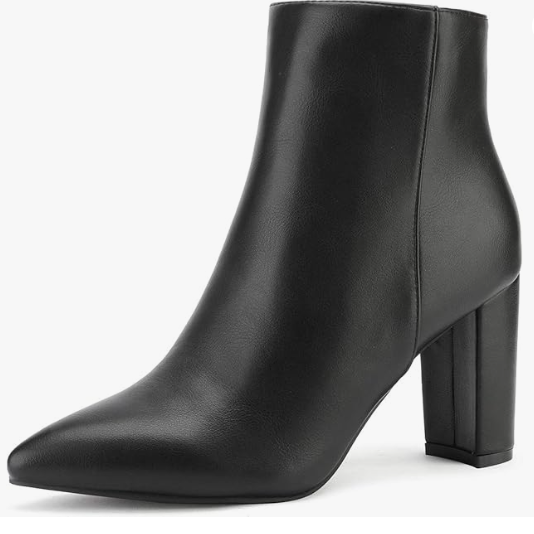 Women's Black Pointed Toe Ankle Boots Chunky Heel Short Booties for Ladies
