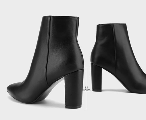 Women's Black Pointed Toe Ankle Boots Chunky Heel Short Booties for Ladies