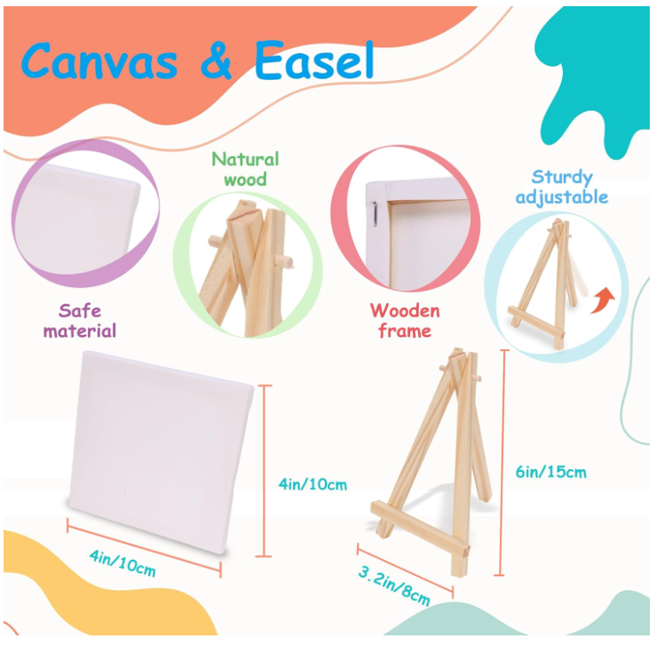 Acrylic Paint Kit with 4 x 4 Inch Mini Canvases, Stretched Easel, Acrylic Paint, Palette and Brush, Art Set for Artist Kids Birthday Party Supplies Favors