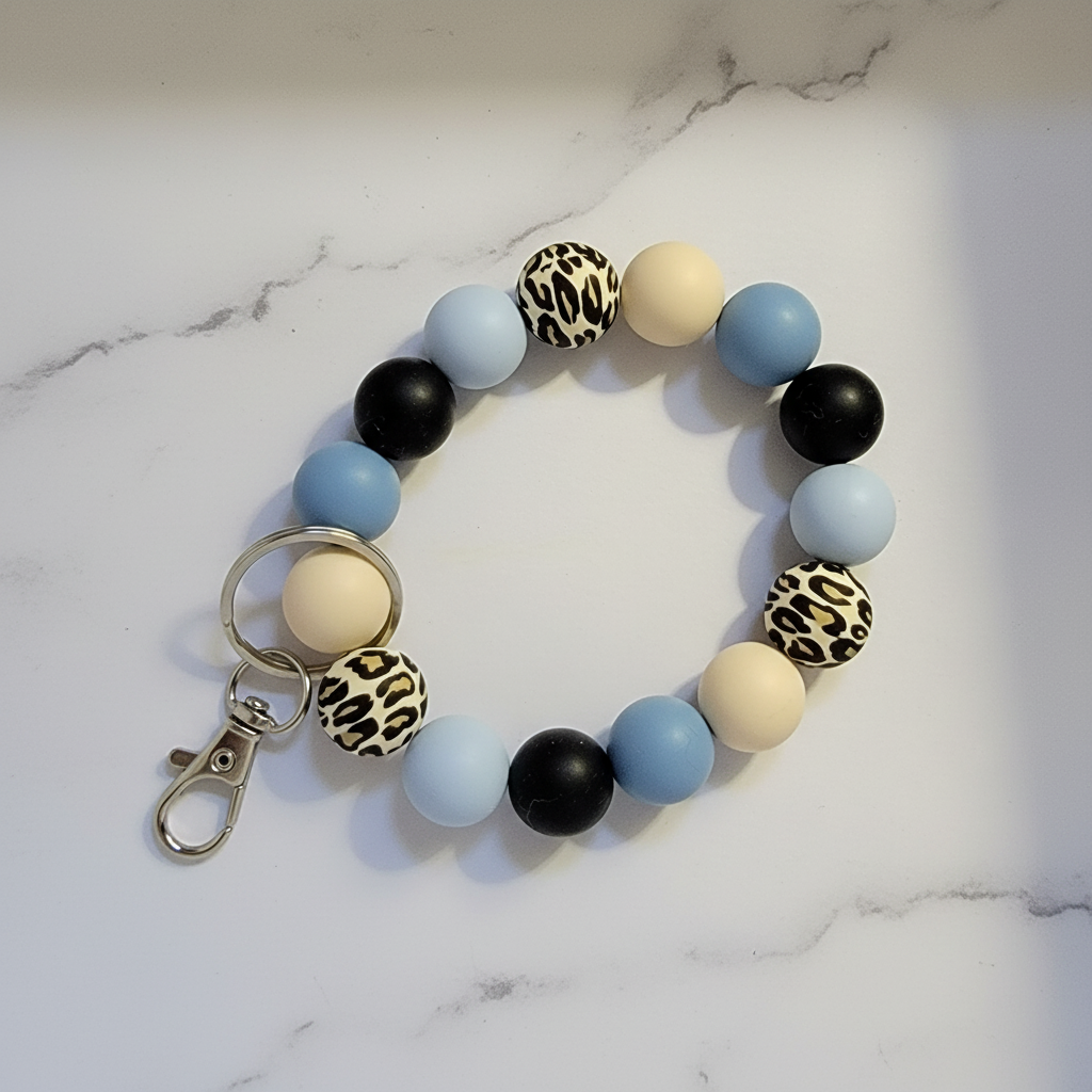 Blue Silicone Leopard Beaded Keychain Wristlet