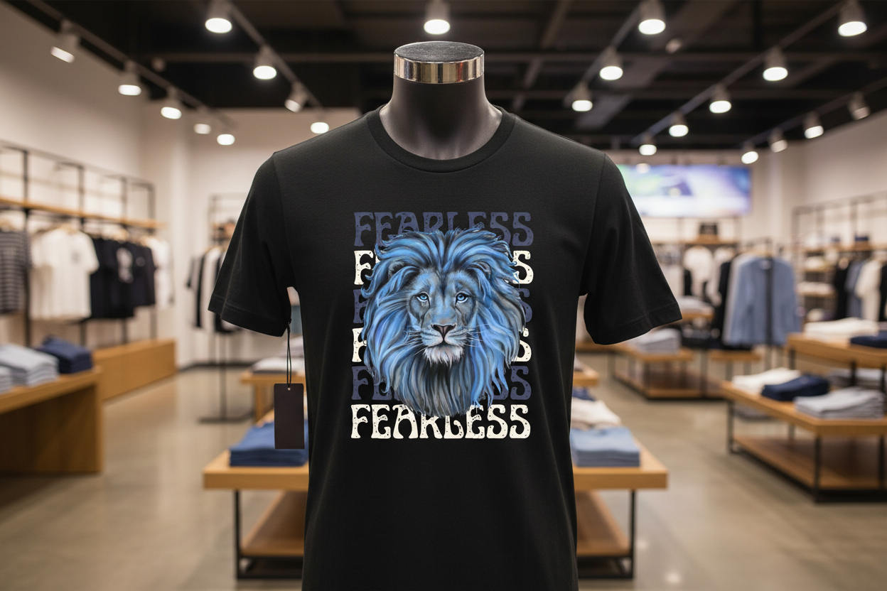 Fearless Lion on black t-shirt in store display