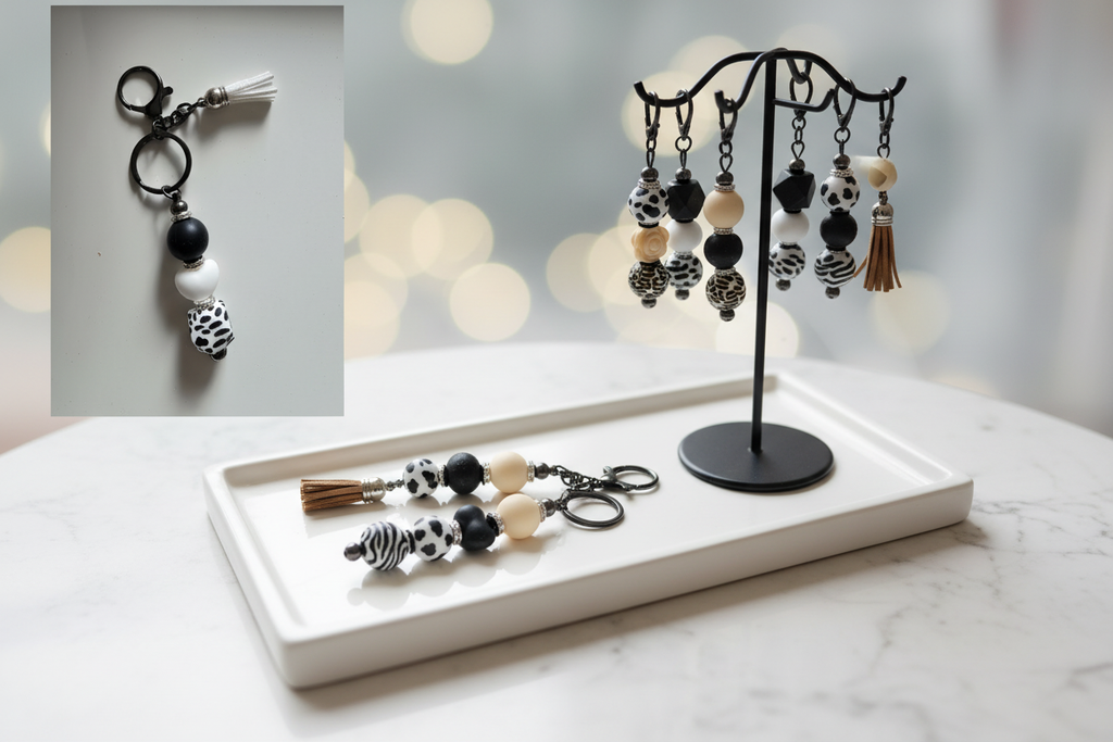 Handmade beaded keychains display