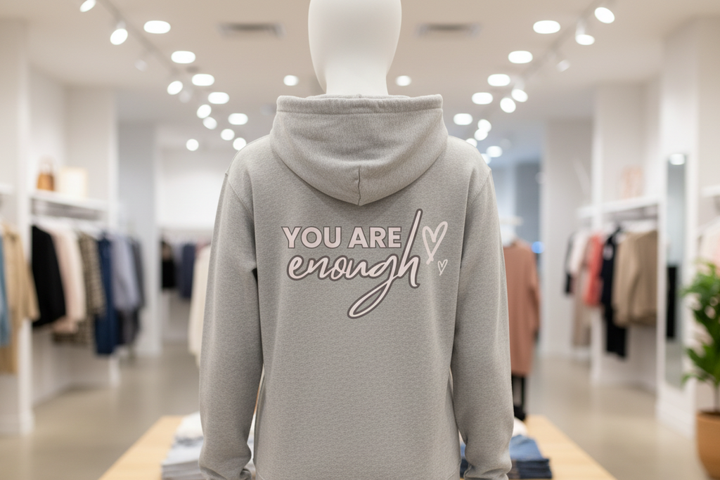 You Are Enough on back of hoodie display
